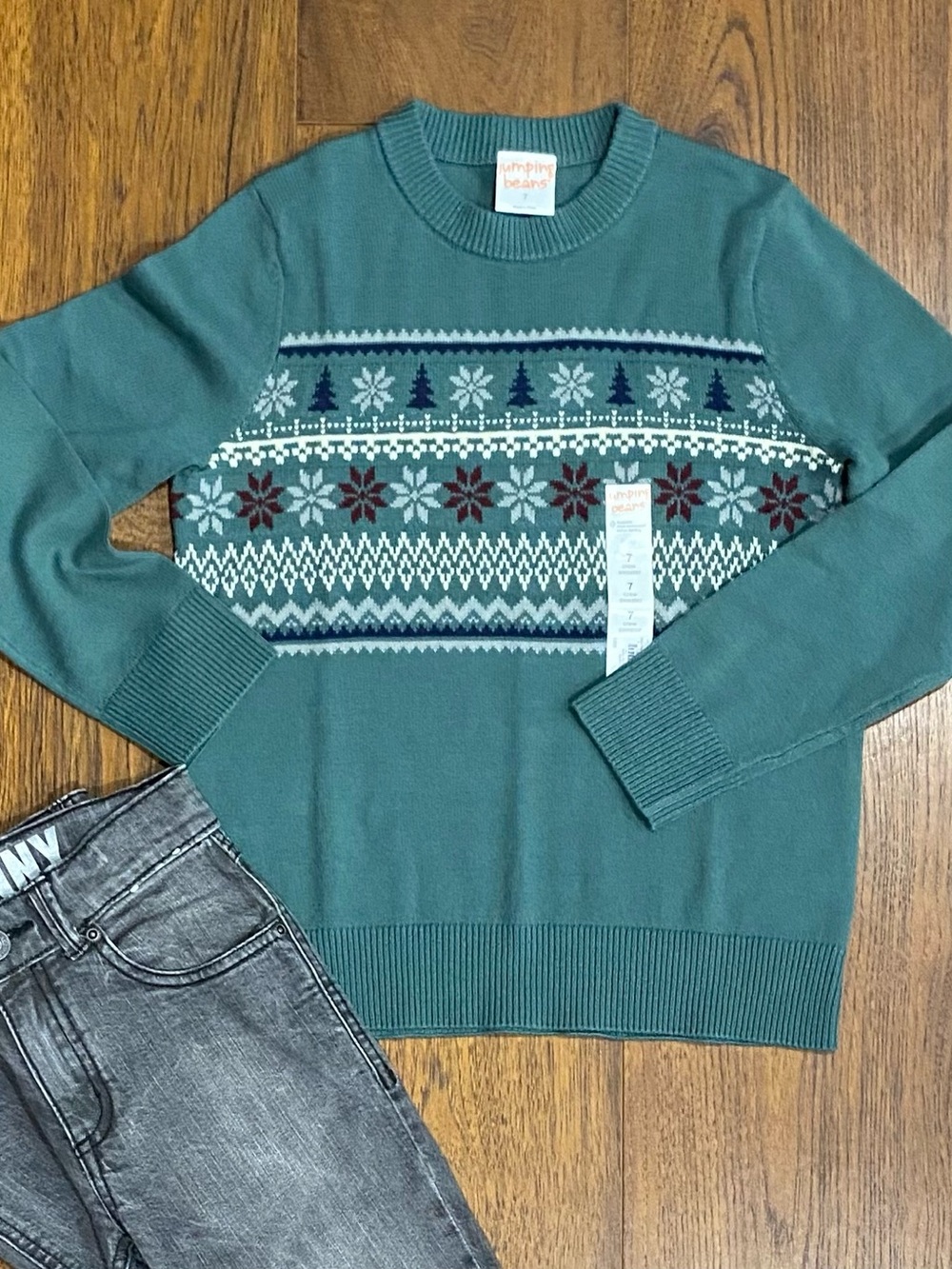 Jumping Beans Boys Green Fair Isle Christmas Sweater Size 7
